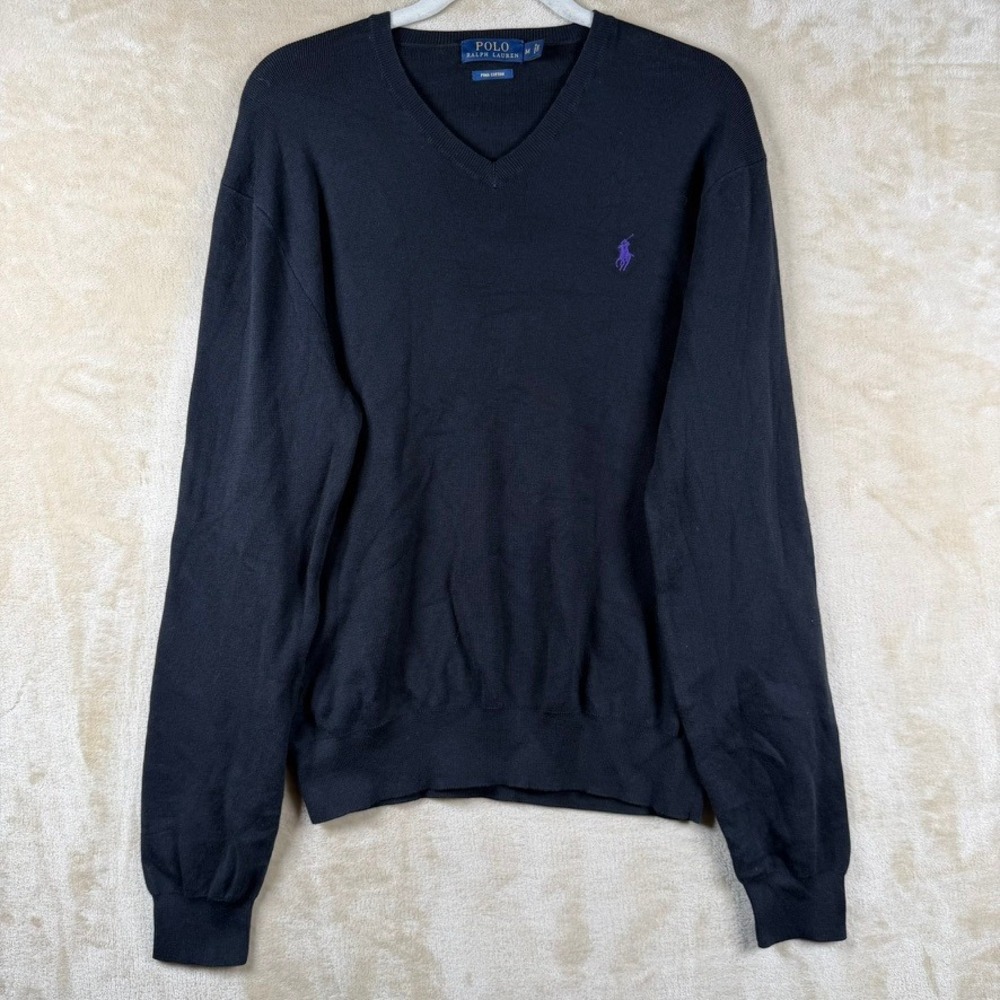 Polo Ralph Lauren Mens Pima Cotton V-Neck Sweater Black Purple Pony Size M